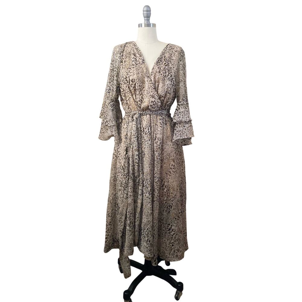 Une Ame Women's Dress Size XL Taupe Gold Sparkle Flutter Belted Chiffon